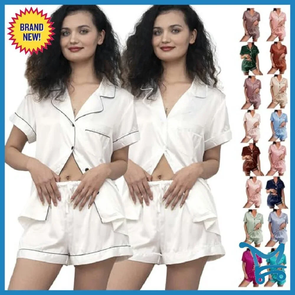 Silk Satin Pajama Set 2-Pack Short Sleeve Lounge Sleepwear XS-XXL
